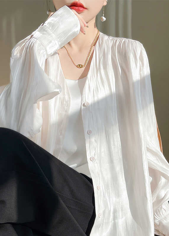 Simple White Button Solid Silk Shirts Fall AB1019