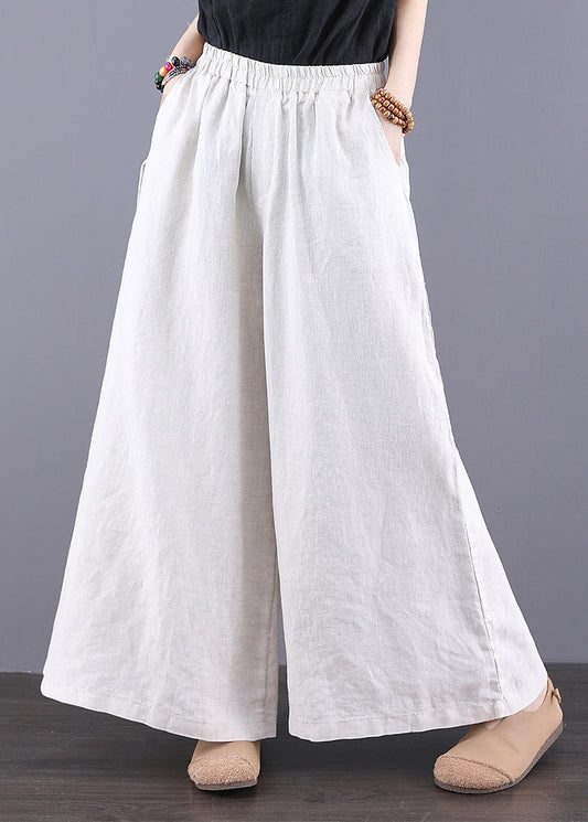 Pantalon d'été droit élastique simple à taille haute en lin blanc
