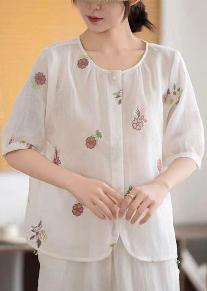 Embroidered White Linen Sleeve Simple Half Shirt