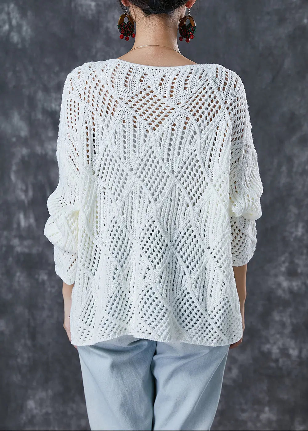 Simple White Hollow Out Zircon Knit Tops Fall Ada Fashion