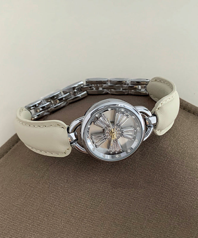 Einfache Kristall Hardlex Zirkon Leder Weiß Uhren