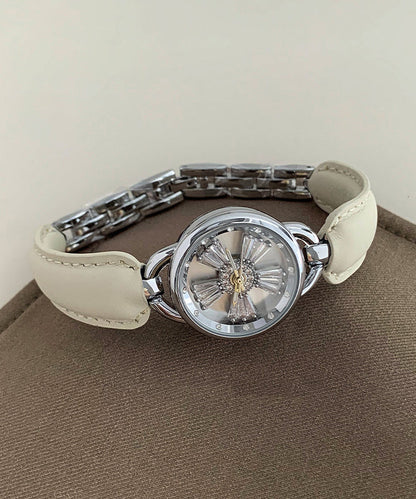 Einfache Kristall Hardlex Zirkon Leder Weiß Uhren