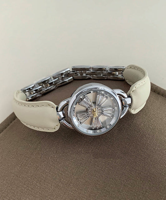 Einfache Kristall Hardlex Zirkon Leder Weiß Uhren