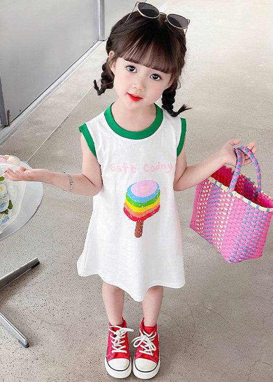 Simple White O Neck Print Cotton Girls T Shirt Dress Sleeveless TT017