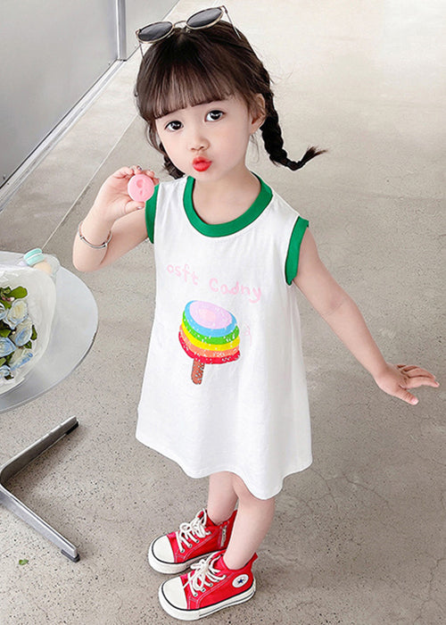 Simple White O Neck Print Cotton Girls T Shirt Dress Sleeveless TT017