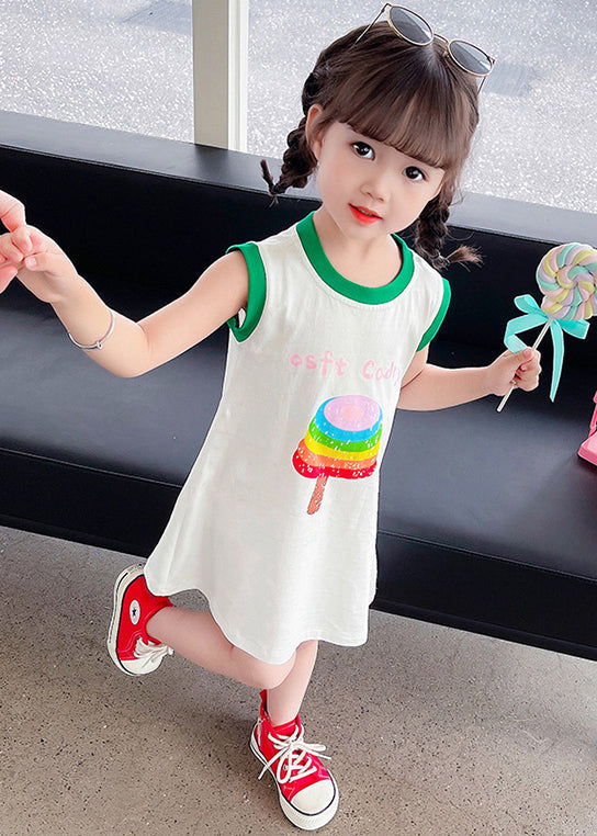 Simple White O Neck Print Cotton Girls T Shirt Dress Sleeveless TT017