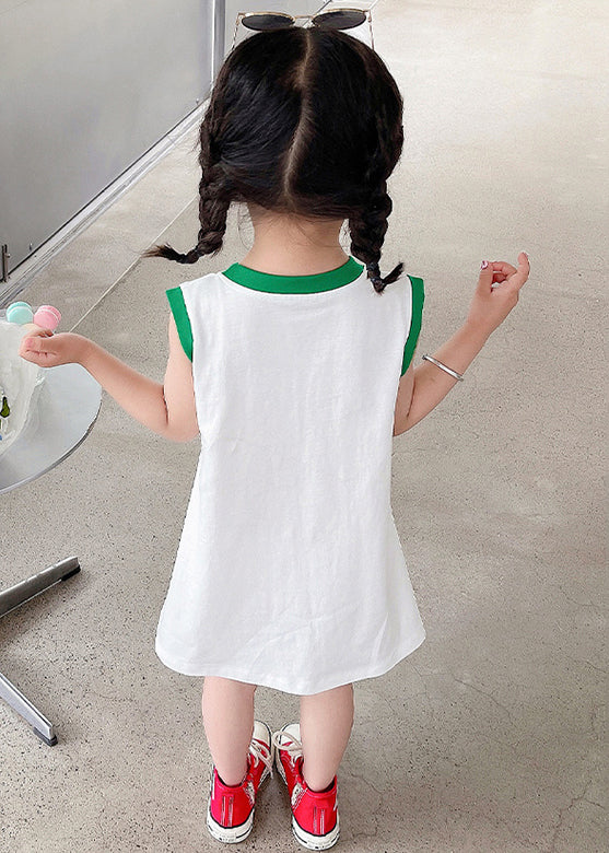 Simple White O Neck Print Cotton Girls T Shirt Dress Sleeveless TT017