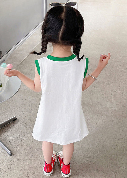 Robe T-shirt blanche simple à col rond en coton imprimé sans manches pour filles TT017