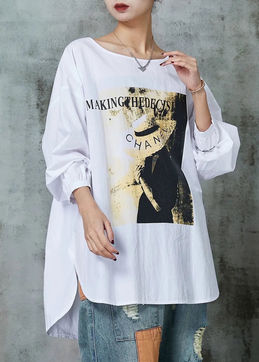 Simple White Oversized Print Cotton Blouses Spring Ada Fashion