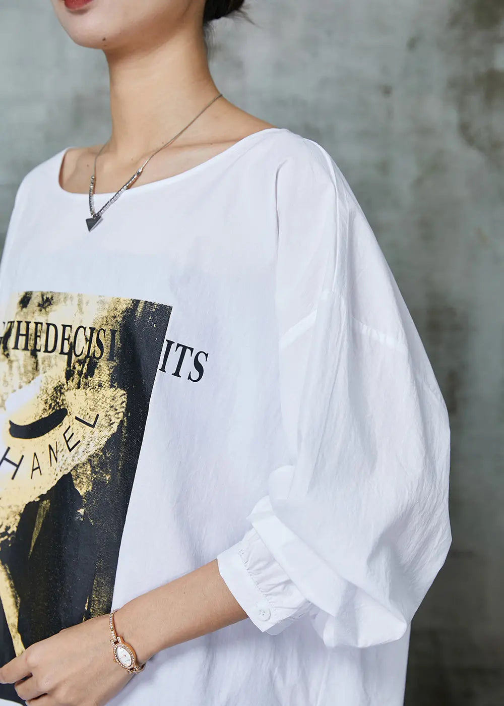 Simple White Oversized Print Cotton Blouses Spring Ada Fashion