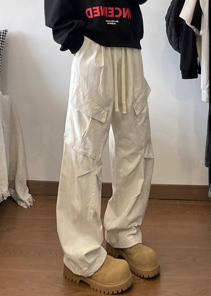 Pantalon taille élastique pour homme, poches en dentelle blanche, coton simple