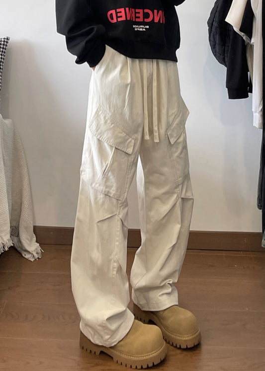 Pantalon taille élastique pour homme, poches en dentelle blanche, coton simple