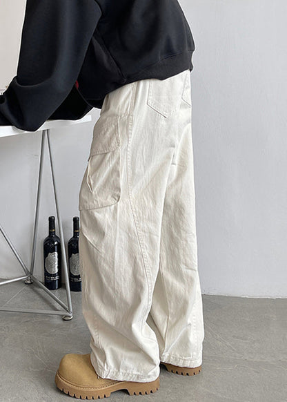 Pantalon taille élastique pour homme, poches en dentelle blanche, coton simple