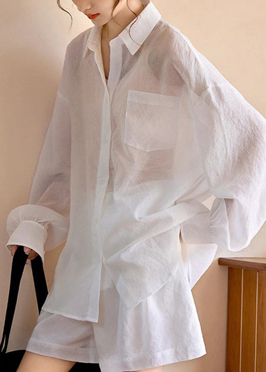 Simple White Pockets Shirts And Shorts Two Piece Suit Set Long Sleeve WW038