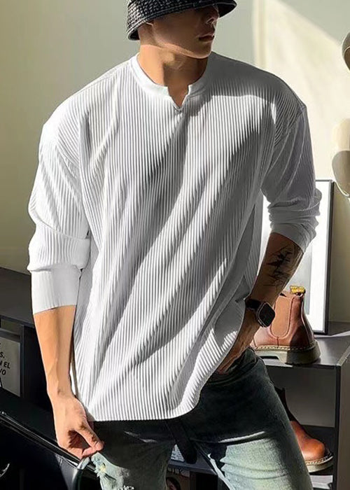 Chemise de printemps en coton à col en V pour homme, couleur unie, simple, blanche