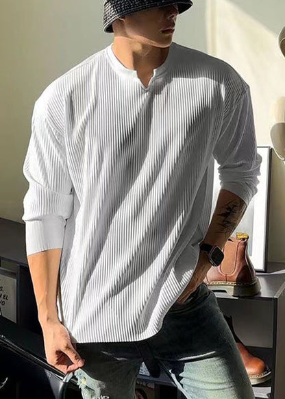 Chemise de printemps en coton à col en V pour homme, couleur unie, simple, blanche