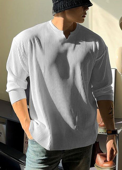 Chemise de printemps en coton à col en V pour homme, couleur unie, simple, blanche