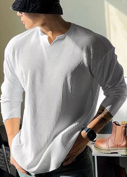 Chemise de printemps en coton à col en V pour homme, couleur unie, simple, blanche