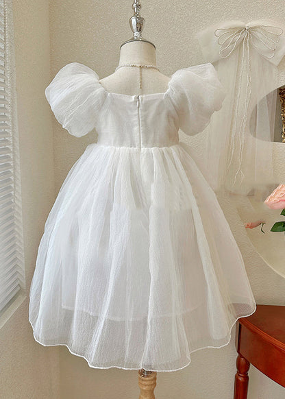 Robe longue de vacances en tulle à col carré blanc simple pour filles, été XZ043