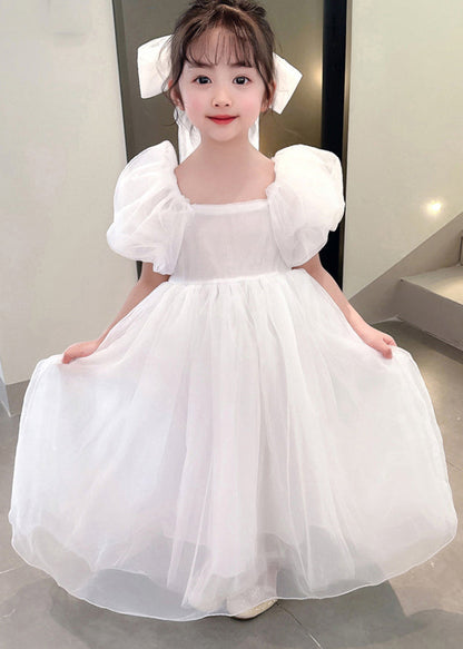 Robe longue de vacances en tulle à col carré blanc simple pour filles, été XZ043