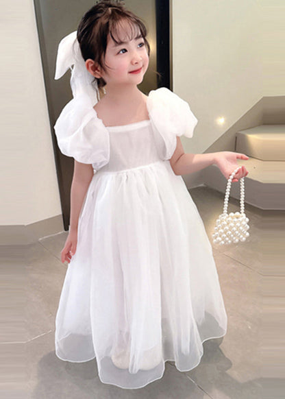 Robe longue de vacances en tulle à col carré blanc simple pour filles, été XZ043