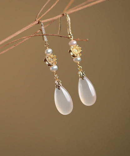 Boucles d'oreilles pendantes simples en argent sterling avec perles blanches surdorées QU039