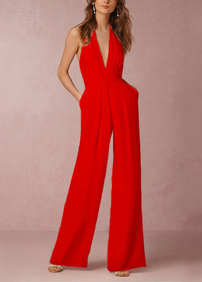 Sleeveless Backless Pockets White Neck V Simple Jumpsuit Cotton