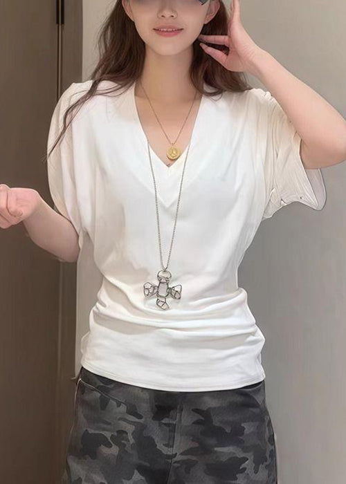 Summer T V Neck White Cotton Simple Solid Shirt