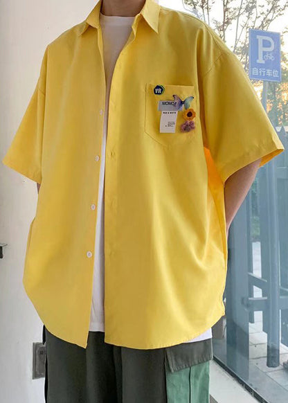 Half Cotton Men Pockets Simple Button Yellow Shirts Sleeve
