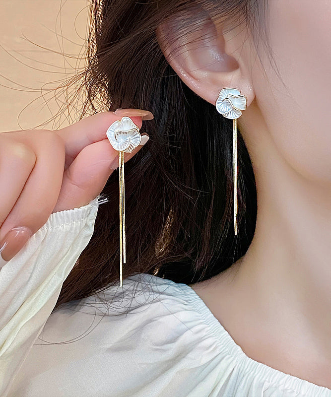 Skinny Gold Copper Alloy Camellia Tassel Drop Earrings WH028