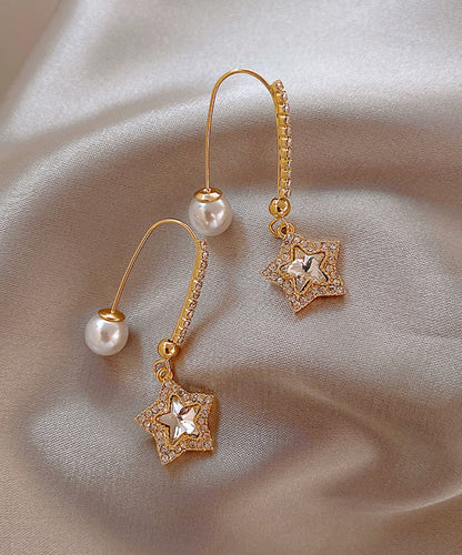 Skinny Gold Copper Alloy Pentagram Crystal Pearl Drop Earrings RB012