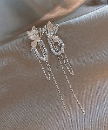 Copper Butterfly Alloy Skinny Silk Drop Pearl Earrings Tassel