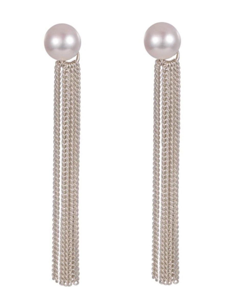 Skinny Silk Sterling Silver Pearl Tassel Drop Earrings ZZ005