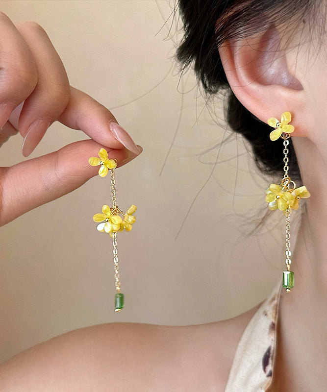 Earrings Flower Acrylic Tassel Drop Yellow Skinny Osmanthus