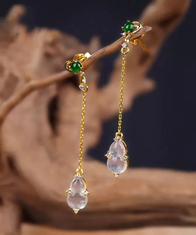 Skinny Yellow Sterling Silver Overgild Zircon Jade Gourd Drop Earrings AC1039