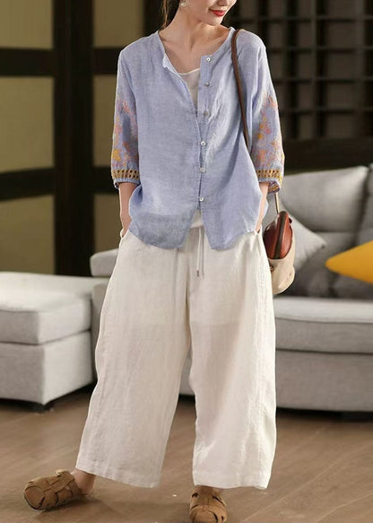 Blue Tops Sleeve Bracelet Linen Embroidered Oversized Sky