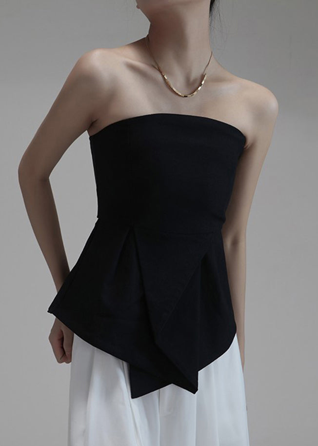 Slim Fit Black Asymmetrical Cold Shoulder Cotton Chest Wrapping Top Sleeveless Ada Fashion