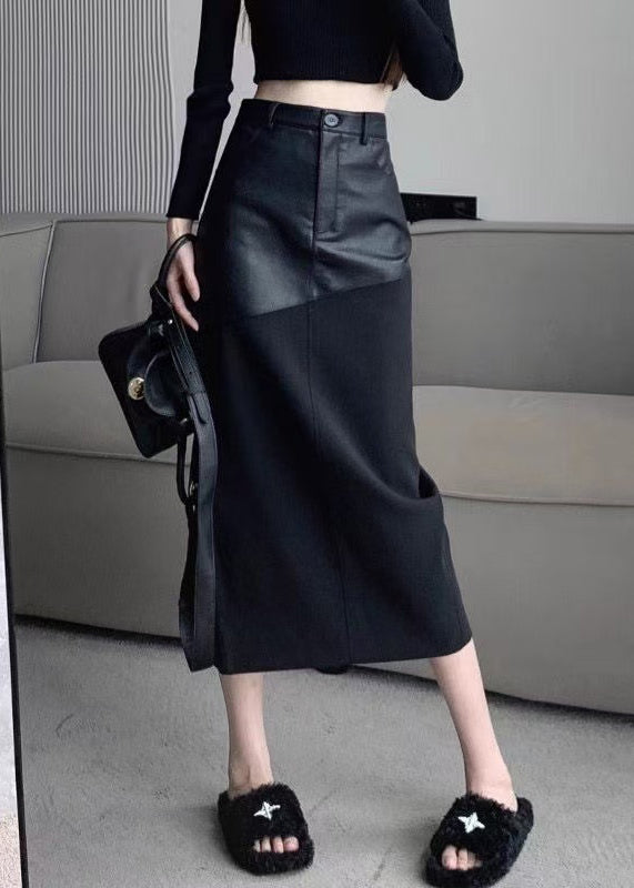 Black Slim Back Open Fit Patchwork Skirts Leather Faux Side