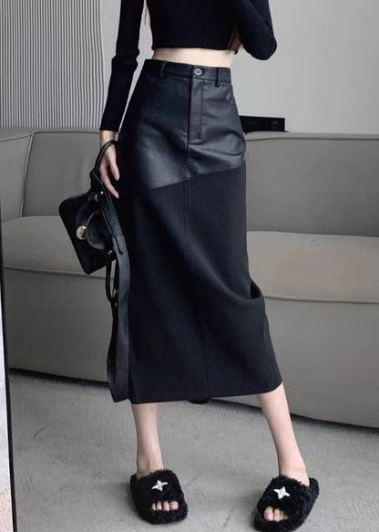 Black Slim Back Open Fit Patchwork Skirts Leather Faux Side