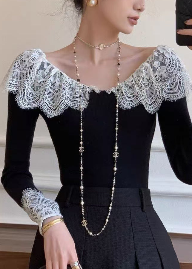 Patchwork Black Fall Cotton Fit Lace Slim Shirt T