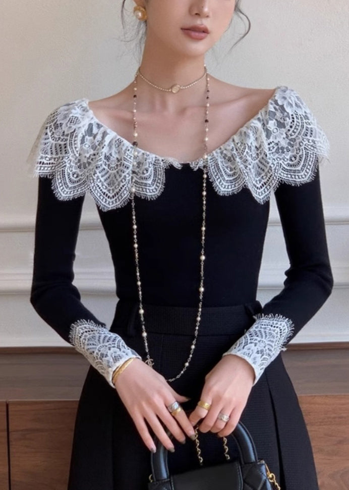 Patchwork Black Fall Cotton Fit Lace Slim Shirt T