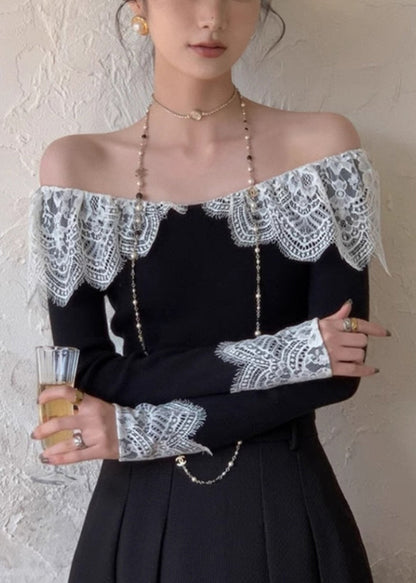 Patchwork Black Fall Cotton Fit Lace Slim Shirt T