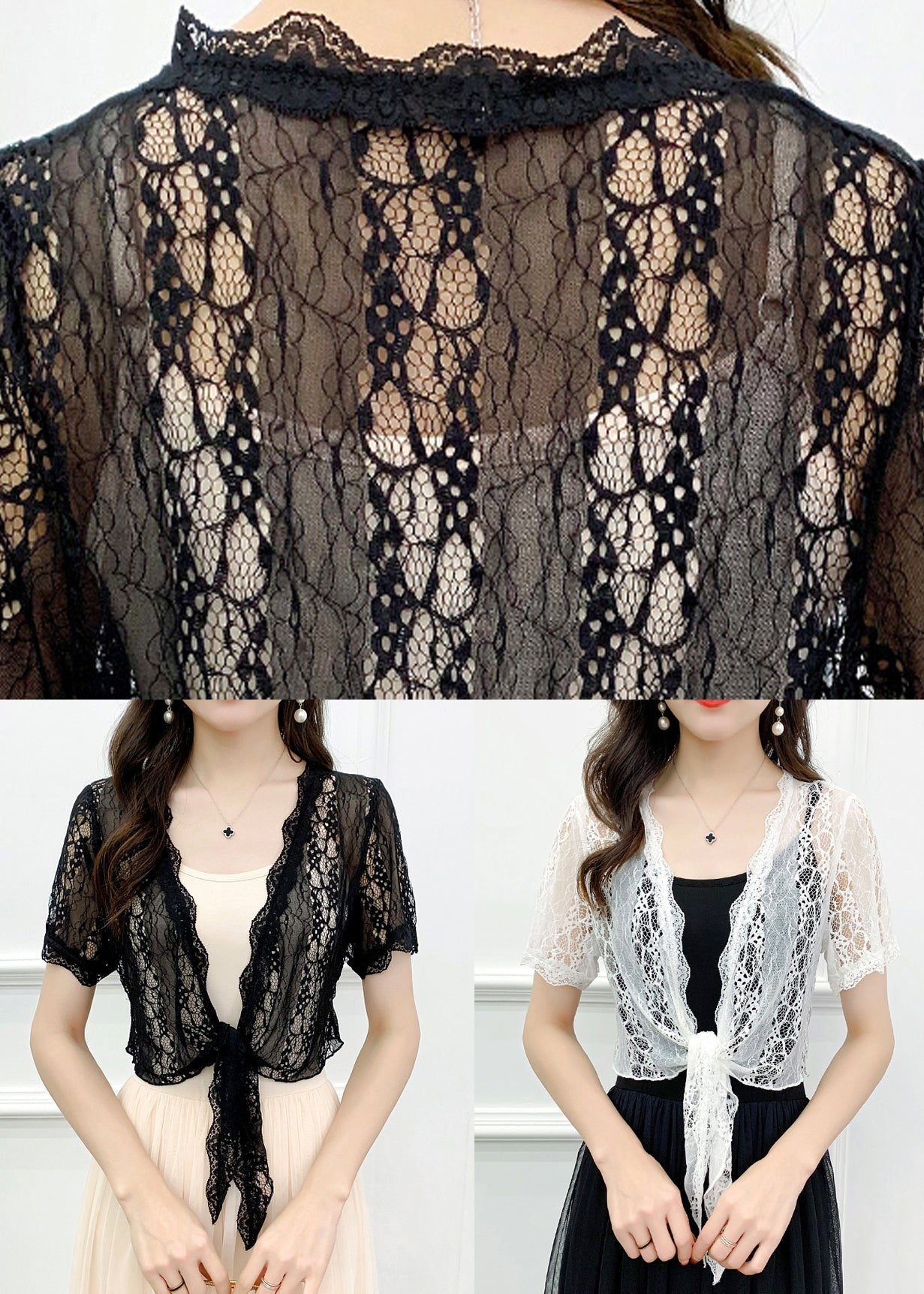 Slim Fit Black Lace Up Hollow Out Lace Cardigans Summer Ada Fashion