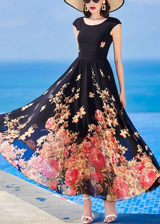 Slim Fit Black O-Neck Print Chiffon Long Dresses Summer Ada Fashion