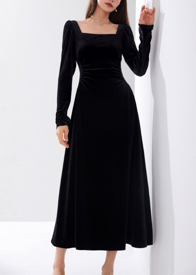 Slim Fit Black Square Collar High Waist Velour Dress Fall AM1015