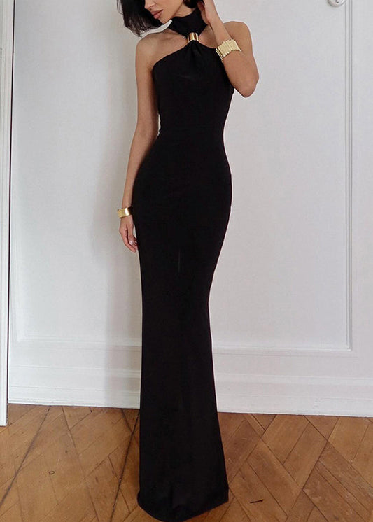 Ärmelloses schwarzes, schmales, seitliches Long-Fit-Kleid aus offener Baumwolle mit Rollkragen