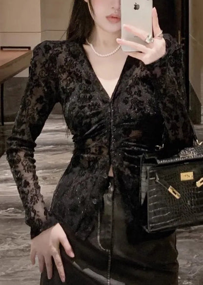 Fit Slim Top Hals Tüll Schwarz Feder Knopf Beflockung V