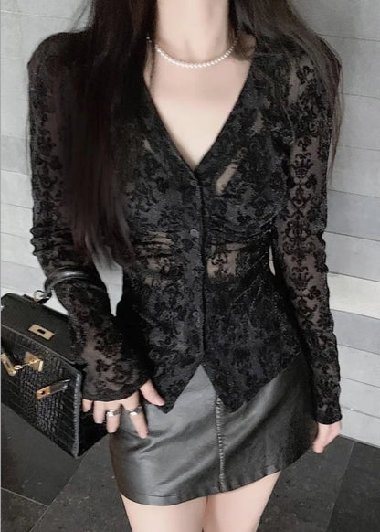 Fit Slim Top Hals Tüll Schwarz Feder Knopf Beflockung V