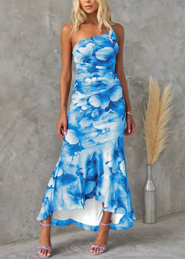 Baumwollkleid Fit Slim Blau Ärmellos Asymmetrisch Print Lang