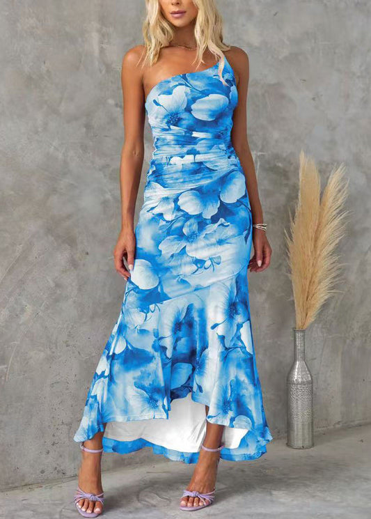 Baumwollkleid Fit Slim Blau Ärmellos Asymmetrisch Print Lang